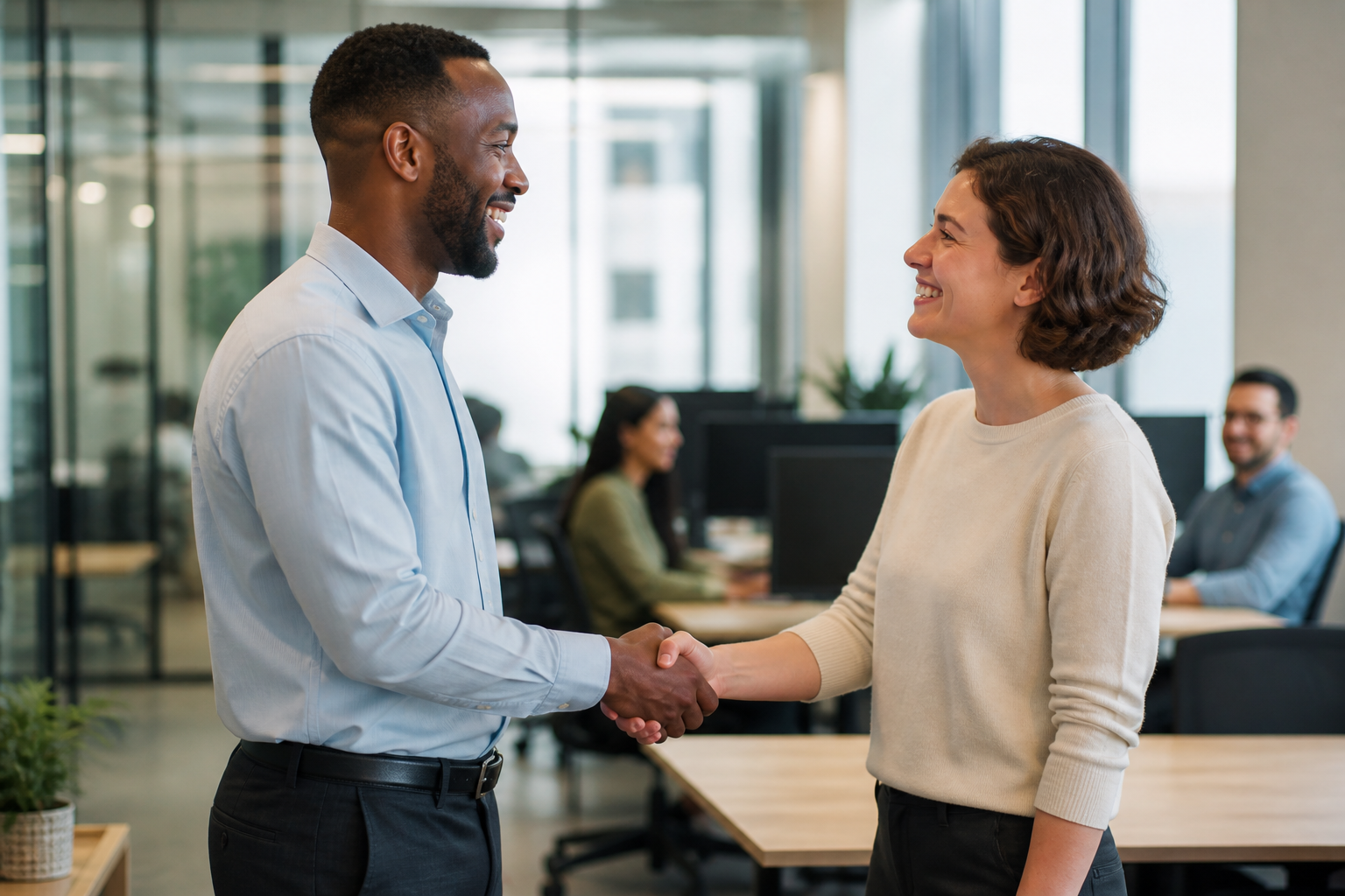 Friendly handshake and welcoming workplace culture