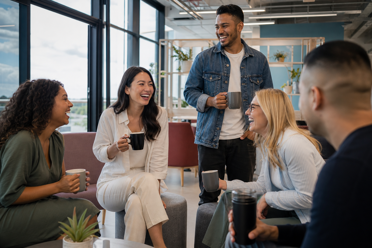 Colleagues laughing together during a fun team moment